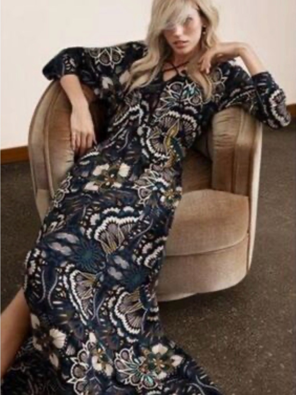 H&M Boho Floral Paisley Maxi Dress | Long Sleeve V-Neck Split Front | Size 12